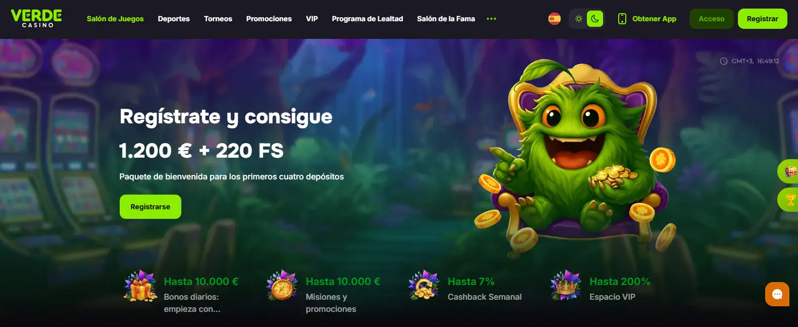 Página oficial de Verde Casino en español con acceso a juegos, deportes, promociones y otras secciones